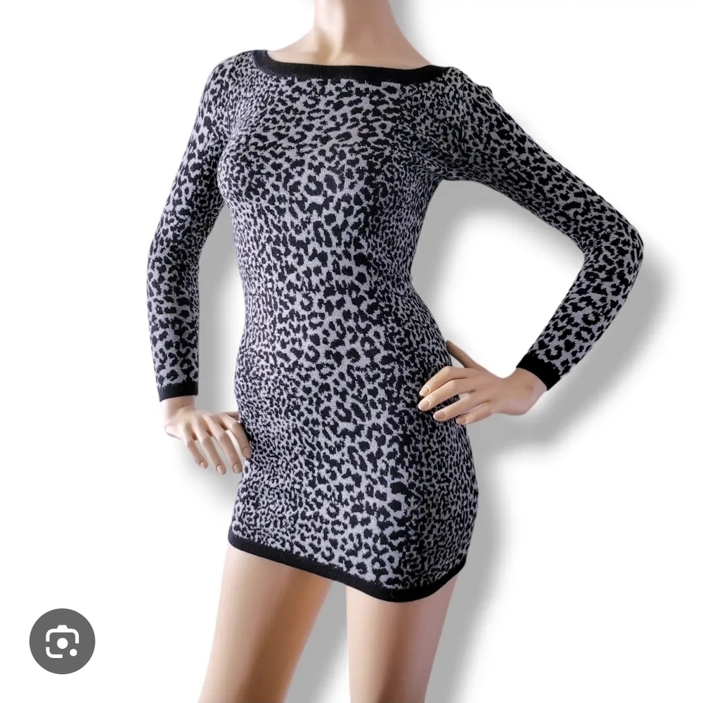 French Connection Leopard Jacquard Round Neck Sweater Dress Grey/Blac 6